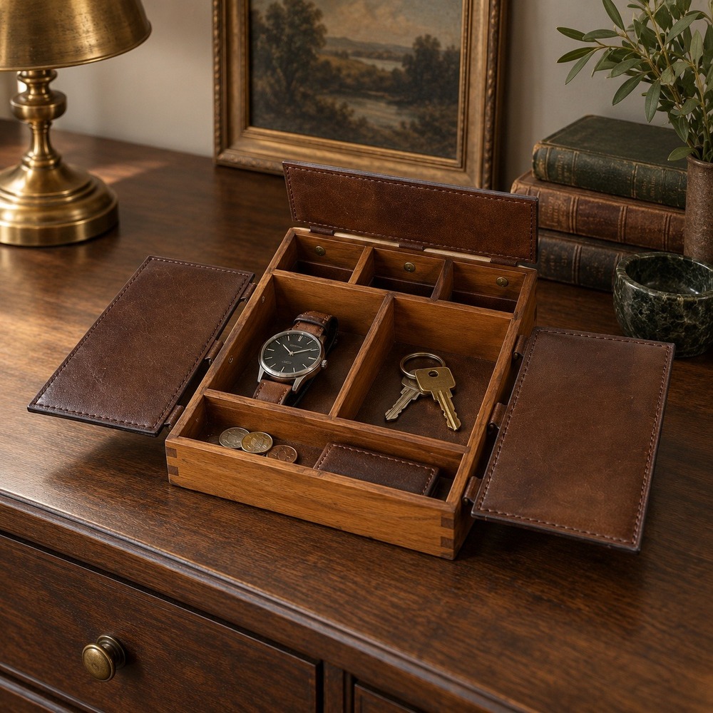 Vintage Bosca Leather & Wood Men's Valet Box, Dresser Organizer Dovetailed